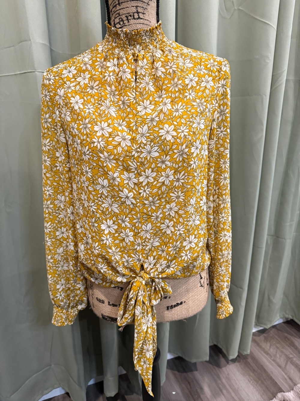 1. State Mustard Yellow Floral Smocked Neck Tie-Front Blouse